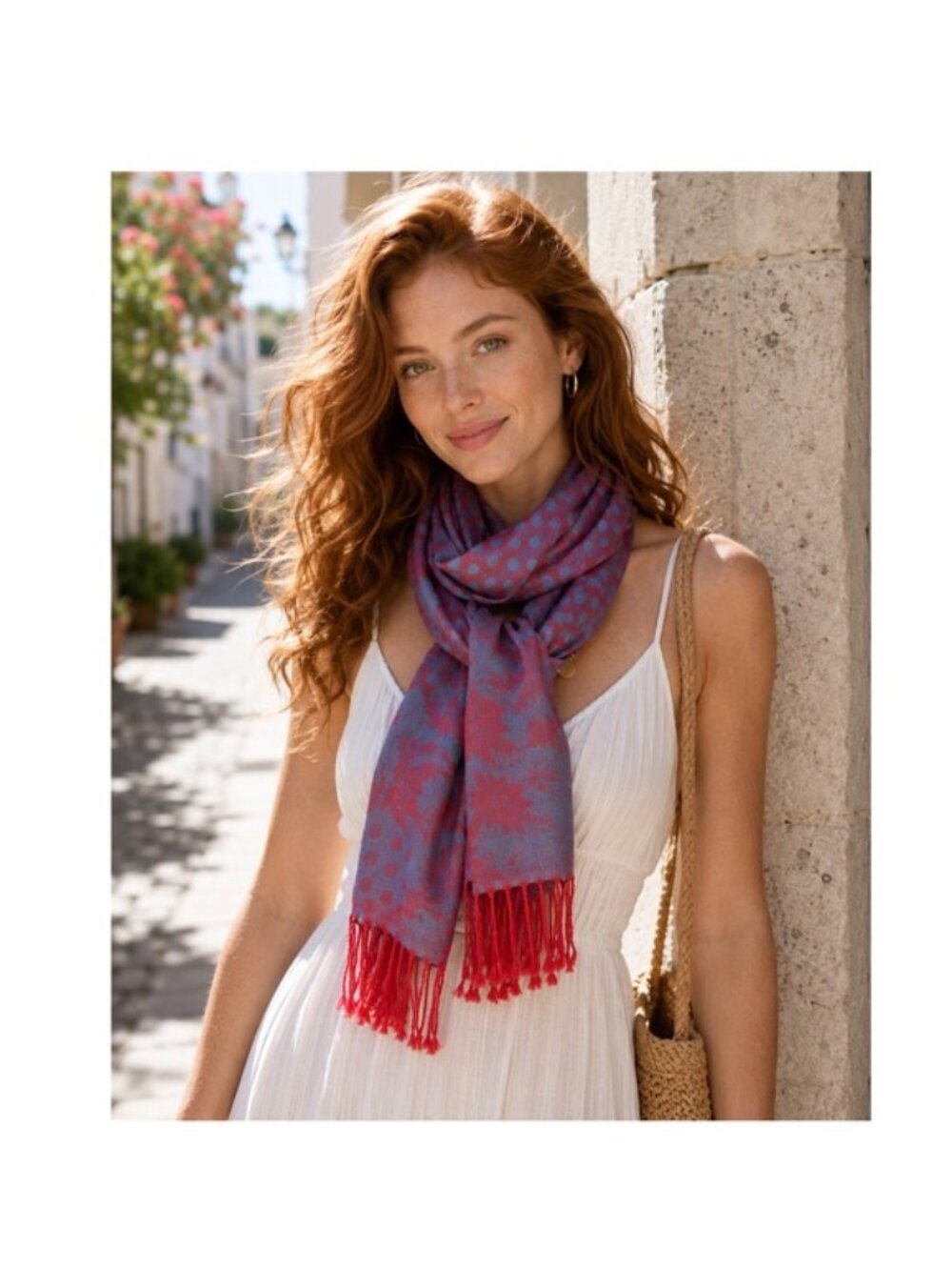 Pashmina Wrap Red Blue Leopard Print & Polka Dots Scarf Red Fringe Shawl